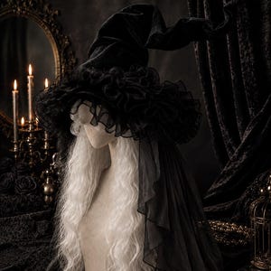 May include: A black witch hat with a wide, ruffled brim and a long, flowing veil. The hat is on a mannequin head with long, wavy white hair. The background has a dark, gothic aesthetic, with candles, a mirror, and dark drapery.