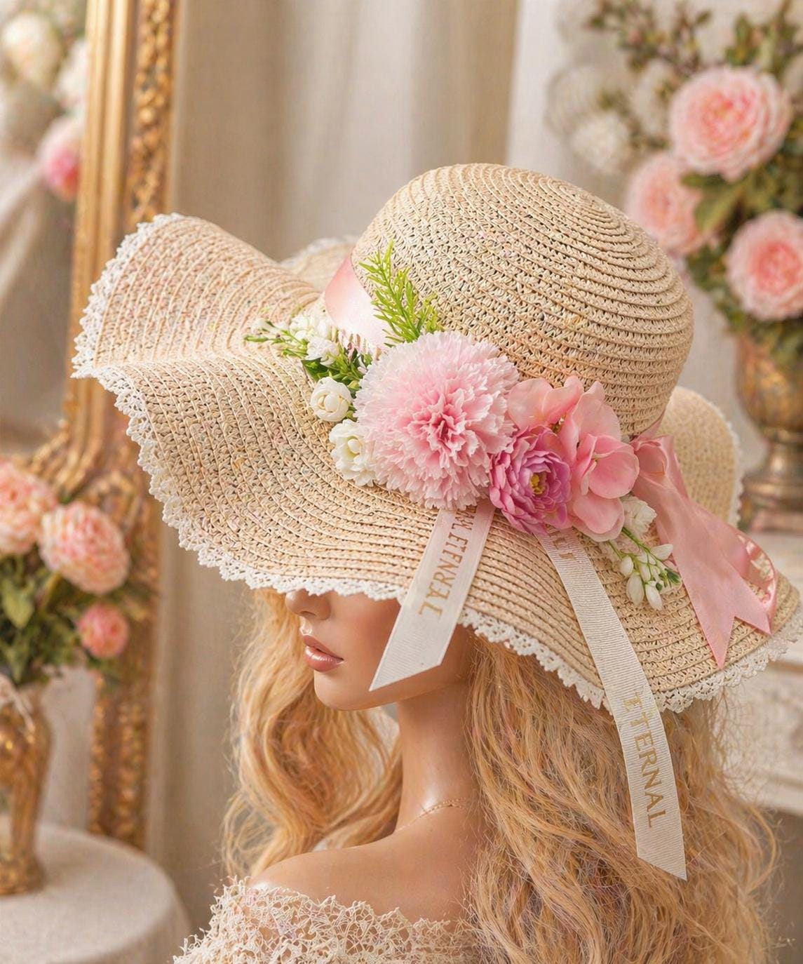 Boho Straw Sun Hat Mesh Flower Accent Beach Vacation Cottagecore Chic Deluxe Flower Straw Sun Hat, Braided Natural at Amazon  main image 2