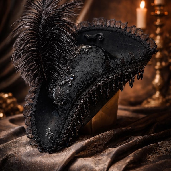 Black Pearl Gothic Pirate Hat | Renaissance Fantasy Costume Accessory, Halloween Cosplay