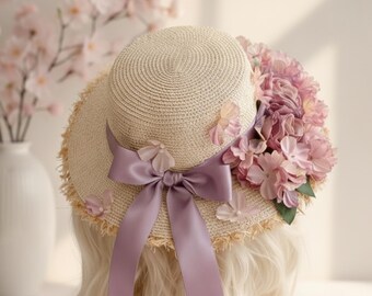 New! Cloche Wheat Straw Pink Floral Ribbon Bow Large Beach Cottagecore Straw Hat Straw Hat With Ribbon - Etsy main image 3