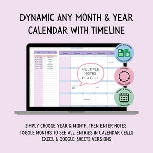 Hoja de cálculo de calendario dinámico / Google Sheets, Excel / Planificador mensual y anual