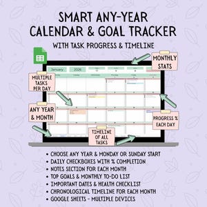 May include: A digital calendar and goal tracker displayed on a laptop screen. The calendar shows the month of January 2026. Text on the screen includes "SMART ANY-YEAR CALENDAR & GOAL TRACKER" and features like daily checkboxes and a timeline.