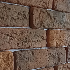 May include: Close-up of a brick wall with a textured surface. The bricks are rectangular and vary in shades of brown and reddish-brown. The bricks are arranged in a staggered pattern, creating a rustic appearance.