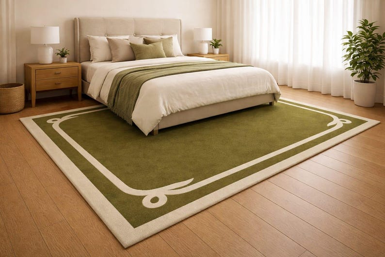 Elegant Olive Green Hand-tufted Border Rug – Modern Minimalist Area ...