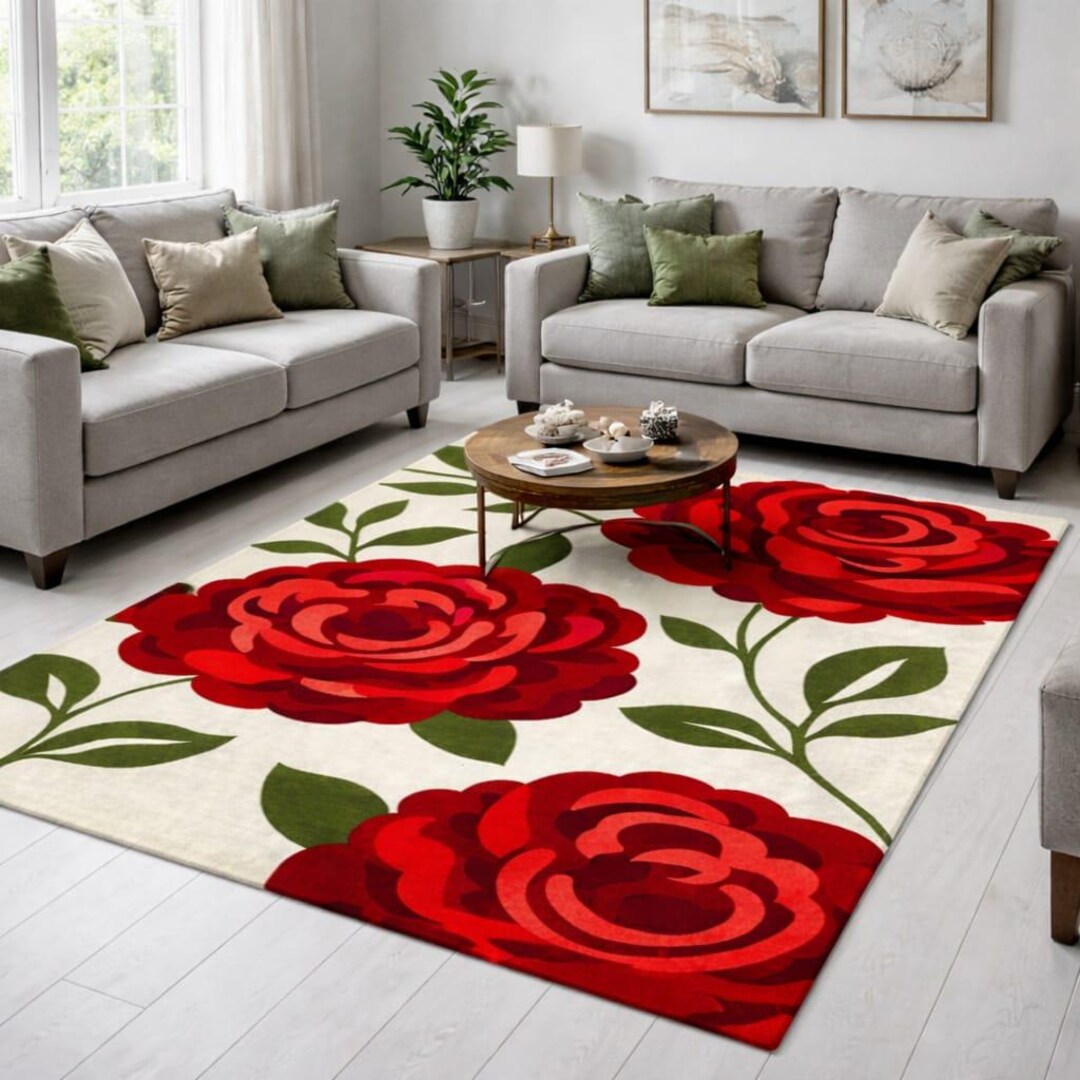 Deep Rose Rug Hand Tufted Red Rose Floral Rug – Modern Botanical Area – Luxury Living ...