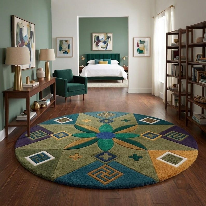 Patterned Rug Round Modern Geometric Round Tufted Wool Rug, Large Circle Flower Area Rug ...