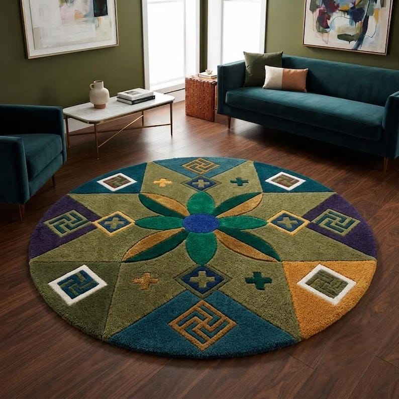 Round Shape Rug Modern Geometric Round Tufted Wool Rug, Large Circle Flower Area Rug ...
