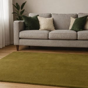 May include: A rectangular olive green rug on a hardwood floor. A gray sofa with green and cream-colored pillows is in the background. A potted plant is visible to the left of the sofa.