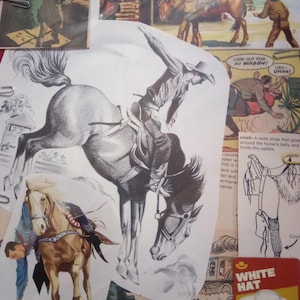 May include: A collection of vintage comic book clippings and illustrations featuring cowboys and horses. The imagery includes a black and white sketch of a bucking bronco, a color illustration of a rider with a horse, and a card labeled WHITE HAT.