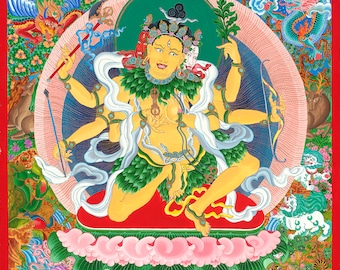 Parnashavari thangka print 3 sizes. Tibetan Buddhist thanka Parnashawari.  Female Tara Buddha who pacifies pandemics. Ancient Forest Goddess