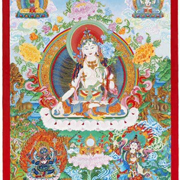 White Tara Tibetan Thanka Female Buddha Goddess Icon Fine Art Giclee Print from Original Art by Kayla Komito