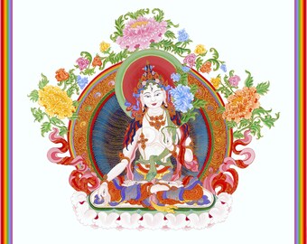 White Tara Tibetan Thanka Female Buddha Goddess Icon Fine Art Giclee Print from Original Art by Kayla Komito