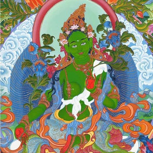 Green Tara Tibetan Thangka Female Buddha Goddess of Compassionate Activity Fine Art Giclee Print from Original Art by Kayla Komito image 2