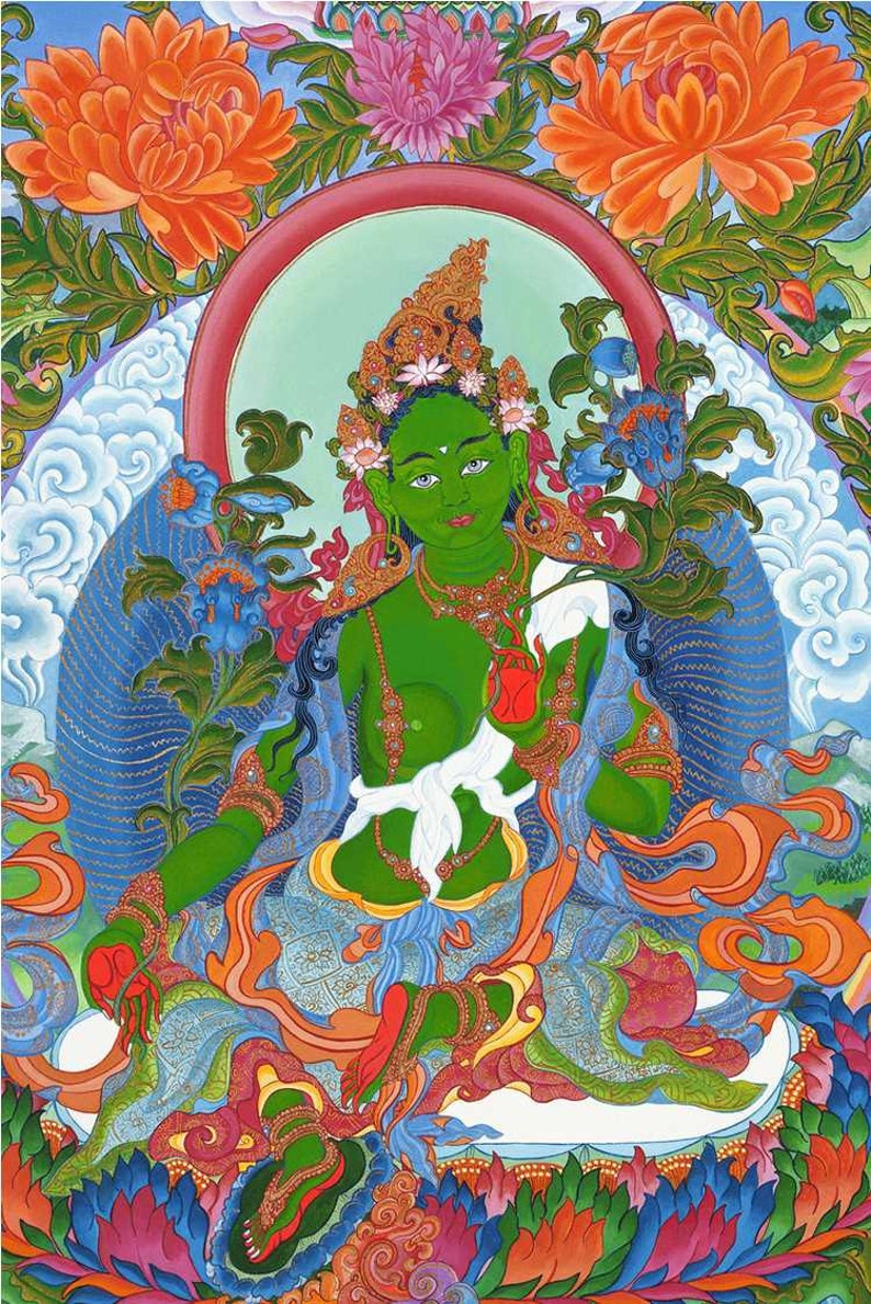 Green Tara Tibetan Thangka Female Buddha Goddess of Compassionate Activity Fine Art Giclee Print from Original Art by Kayla Komito image 2