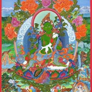 Green Tara Tibetan Thangka Female Buddha Goddess of Compassionate Activity Fine Art Giclee Print from Original Art by Kayla Komito image 1