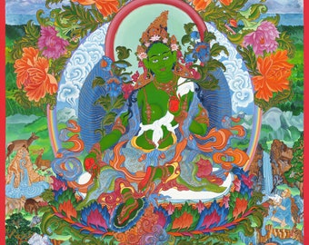 Green Tara Tibetan Thangka Female Buddha Goddess of Compassionate Activity Fine Art Giclee Print from Original Art by Kayla Komito