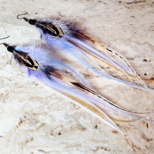 Lightweight Handmade Feather Earrings, Natural Pheasant and Rooster Feathers.  Long Feather Earrings, Light Purple, Natural Jewlery, Boho