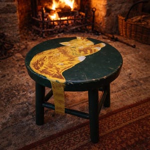 May include: A small, round, dark green stool with a painted yellow cat design. The cat's form appears to be melting off the edge of the stool. The stool has four dark green legs and is set in front of a fireplace.