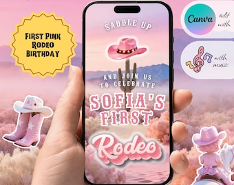 Invitation vidéo rose pour premier anniversaire de rodéo, fête de cow-girl, modèle de toile (téléchargement numérique)