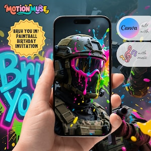Può includere: Uno smartphone mostra un invito di compleanno a tema paintball. Lo schermo mostra un soldato con elmetto e occhiali, cosparso di vernice colorata. Il testo sul telefono recita "Bruh You In? Paintball Birthday Invitation."