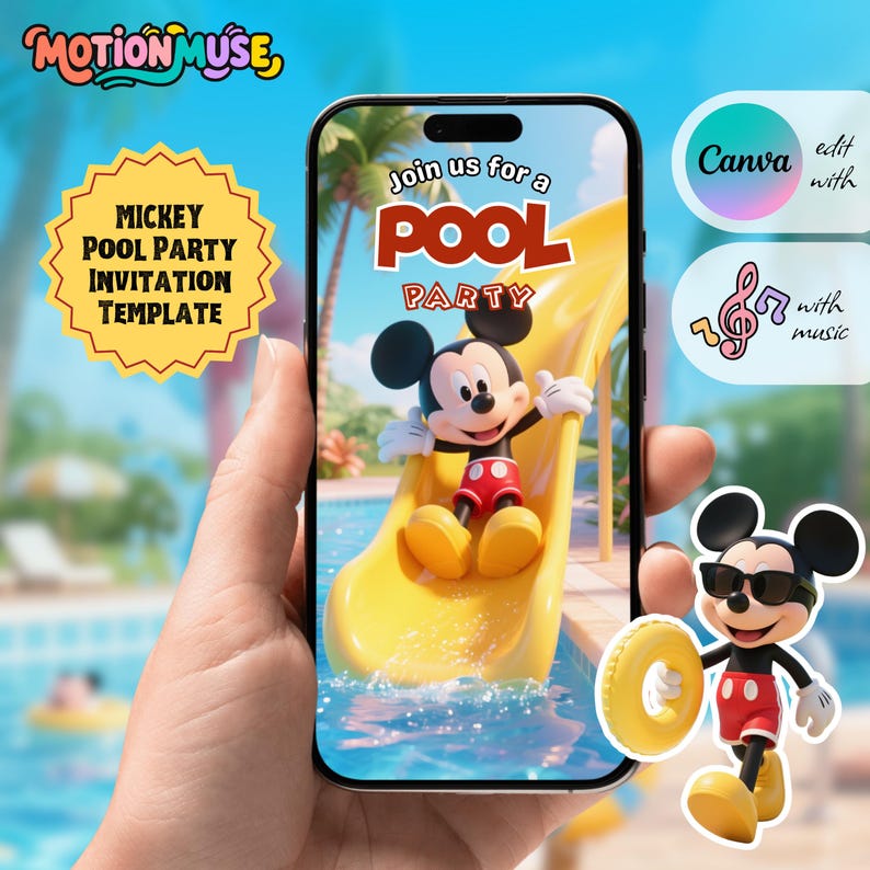 Mickey Pool Party Birthday Invitation, Animated Video, Digital Canva ...