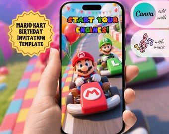 Faire-part d'anniversaire de Mario Kart, vidéo animée, modèle de toile numérique, téléchargement immédiat