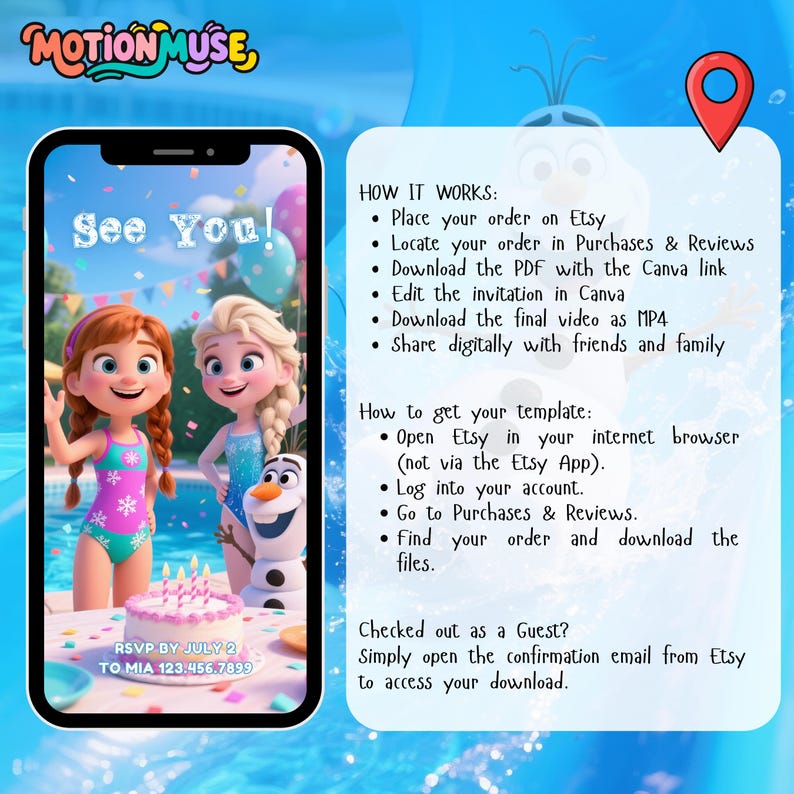 Peut inclure: Une invitation num&eacute;rique sur un &eacute;cran de smartphone avec des personnages anim&eacute;s, un g&acirc;teau et le texte "See You!". Des instructions sur la fa&ccedil;on de commander et de t&eacute;l&eacute;charger le mod&egrave;le sont &eacute;galement incluses. L'invitation est pour un &eacute;v&eacute;nement avec la date de r&eacute;ponse du 2 juillet.
