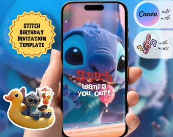 Może przedstawiać: Na smartfonie wyświetlany jest szablon zaproszenia urodzinowego Stitch. Obrazek przedstawia Stitcha z napisem "Stitch wants you out!" oraz kreskówkowego Stitcha na żółtej pływaczce w kształcie kaczki. Projekt zawiera tekst "Motion Muse" oraz opcje edycji Canva i muzyki.
