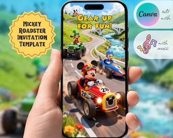 Faire-part d'anniversaire Mickey Roadster, vidéo animée, modèle de toile numérique, téléchargement immédiat