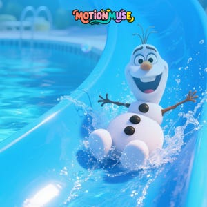 Peut inclure: Olaf, un bonhomme de neige de dessin anim&eacute;, glisse sur un toboggan aquatique bleu, cr&eacute;ant des &eacute;claboussures. Il a un nez en carotte, des bras en brindilles et trois boutons noirs. Le texte "Motion Muse" est visible.