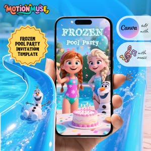 Peut inclure: Un mod&egrave;le d'invitation num&eacute;rique pour une f&ecirc;te &agrave; la piscine sur le th&egrave;me de La Reine des Neiges. Le design pr&eacute;sente Anna, Elsa et Olaf, avec le texte "FROZEN Pool Party" sur un &eacute;cran de smartphone. Un toboggan aquatique bleu et un g&acirc;teau d'anniversaire sont &eacute;galement visibles.