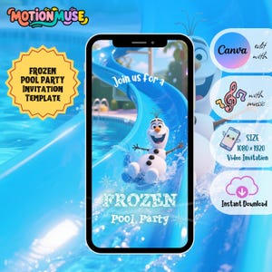 Peut inclure: Une invitation num&eacute;rique pour une f&ecirc;te &agrave; la piscine sur le th&egrave;me de La Reine des Neiges. Le design pr&eacute;sente Olaf le bonhomme de neige sur un toboggan aquatique, avec le texte "Frozen Pool Party" et "Join us for a".