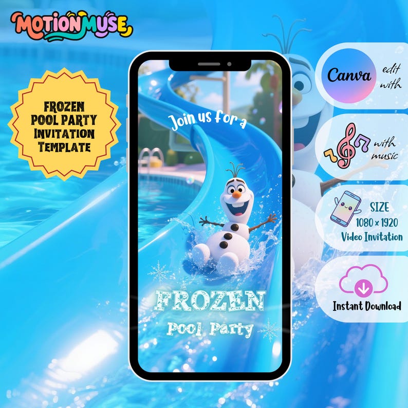 Peut inclure: Une invitation num&eacute;rique pour une f&ecirc;te &agrave; la piscine sur le th&egrave;me de La Reine des Neiges. Le design pr&eacute;sente Olaf le bonhomme de neige sur un toboggan aquatique, avec le texte "Frozen Pool Party" et "Join us for a".