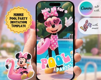 Faire-part d'anniversaire Minnie Pool Party, vidéo animée, modèle de toile numérique, téléchargement immédiat