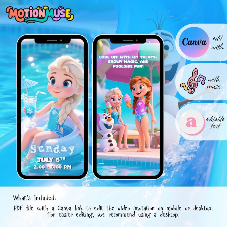 Peut inclure: Deux &eacute;crans de smartphone affichant une invitation sur le th&egrave;me de l'&eacute;t&eacute; avec des personnages de dessins anim&eacute;s. Un &eacute;cran montre un personnage dans une bou&eacute;e, l'autre montre deux personnages avec Olaf. Le texte comprend "Dimanche 6 juillet" et "Rafra&icirc;chissez-vous avec des friandises glac&eacute;es."