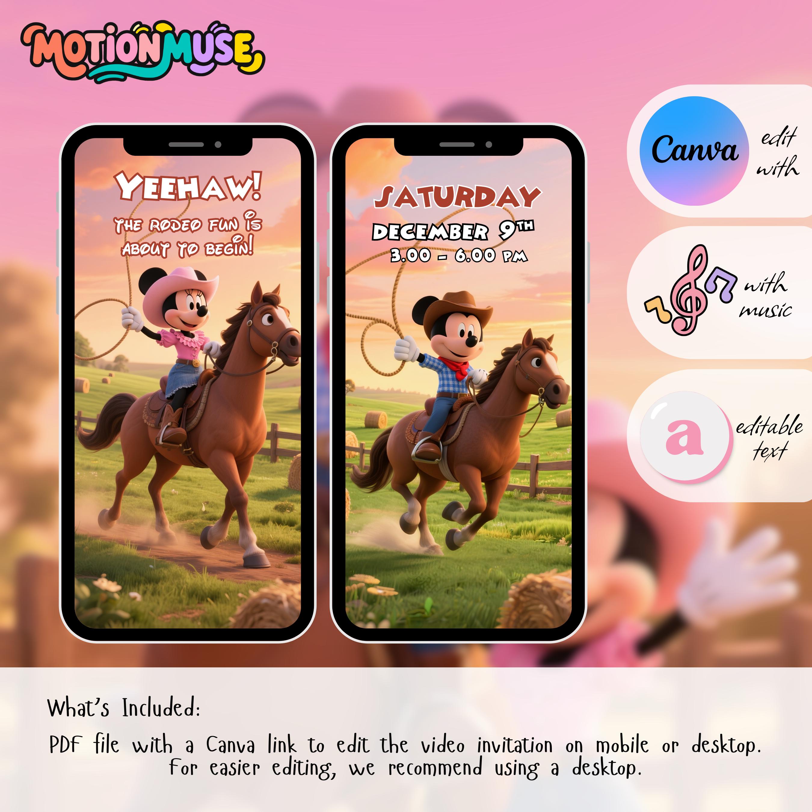 Mickey and Minnie Rodeo Birthday Invitation, Animated Video, Digital ...