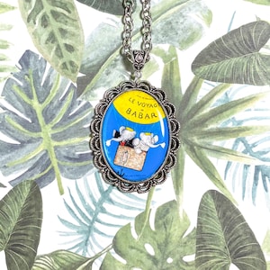 Blue and Yellow Babar and Wife Waving in Hot Air Balloon Silver Necklace