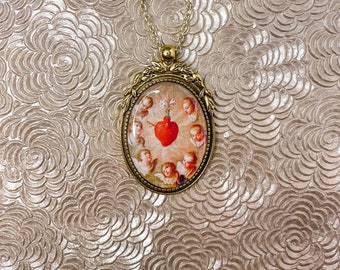 Cherubs mit Heiligem Herz Gold Anhänger Halskette