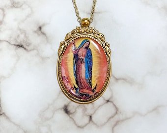 Our Lady of Guadalupe Gold Pendant Necklace Catholic Art Virgin Mary Catholic Art Necklace Christian Jewelry