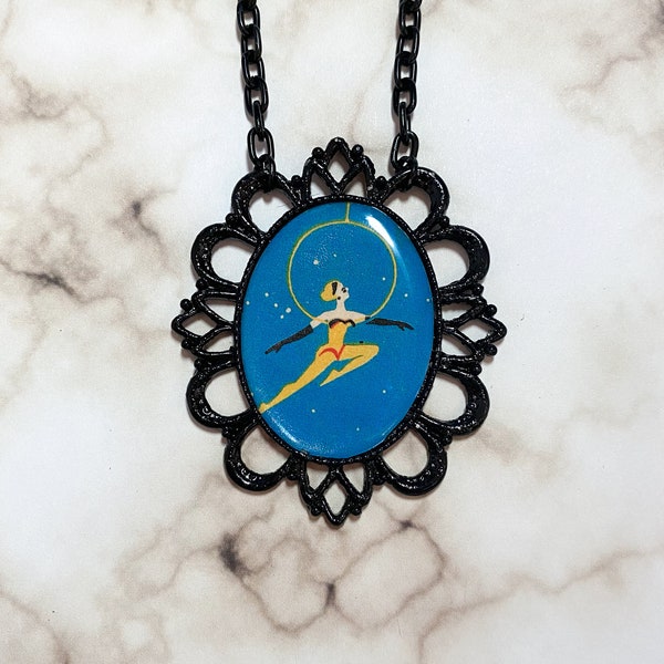 Russian Matchbox Lyra Girl Black Pendant Aerial Dance Cameo Necklace