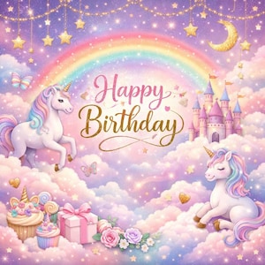 Könnte beinhalten: Eine fantasievolle Illustration mit zwei Einhörnern mit Regenbogenmähnen, einem Regenbogen und einem Schloss. Die Worte "Happy Birthday" sind in goldener Schrift geschrieben. Der Hintergrund ist mit Wolken, Sternen und Schmetterlingen gefüllt.