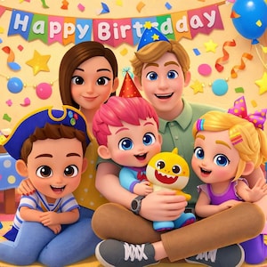 Baby Finn verjaardagsachtergrond | 3D-gezinsfeest cartoon (digitale download)