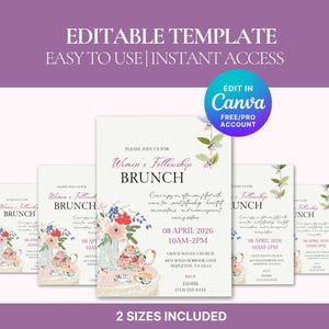 Op de afbeelding: Afdrukbare uitnodigingssjablonen voor een Women's Fellowship Brunch, met bloemmotieven en theekopjes. De tekst bevat evenementdetails en de zin "EDITABLE TEMPLATE". De sjablonen zijn verkrijgbaar in twee maten.