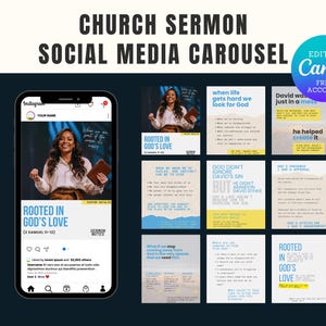 Puede incluir: Una plantilla digital de carrusel para redes sociales sobre sermones de iglesia, con una pantalla de teléfono inteligente a la izquierda y nueve diapositivas gráficas cuadradas a la derecha. Los diseños usan blanco, azul marino y amarillo.