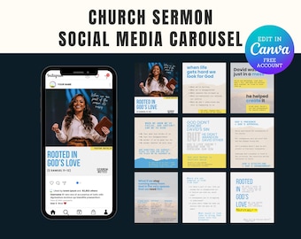 May include: A digital social media carousel template for church sermons featuring a smartphone display on the left and nine square graphic slides on the right. The designs use a color palette of white, navy blue, and yellow with text overlays.