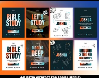 May include: Eight Canva templates for Bible study, featuring designs with text like "Bible Study," "Let's Study," and "Joshua." Each template includes event details and is designed in a 4:5 ratio for social media.