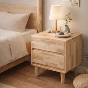 Może przedstawiać: Jasna drewniana szafka nocna z dwiema szufladami i małą lampą. Szafka nocna ma minimalistyczny design z jasnym abażurem i małą dekoracyjną tacą. Sypialnia posiada łóżko z jasną kołdrą i poduszkami.
