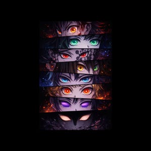 Könnte beinhalten: Eine digitale Illustration mit einer Reihe von Augen im Anime-Stil in verschiedenen Farben, darunter Orange, Grün, Rot, Gelb, Blau und Lila. Die Augen sind vor einem schwarzen Hintergrund mit feurigen Akzenten platziert, was einen dramatischen und stilisierten Effekt erzeugt.