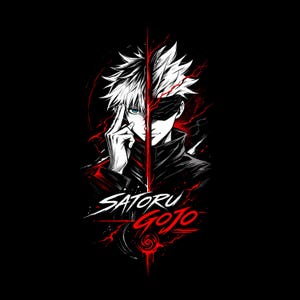 May include: A black and red graphic illustration of a character from the anime series Jujutsu Kaisen. The character is split down the middle, with one side showing a blue-eyed face and the other side covered by a blindfold. The name "SATORU GOJO" is written in red.