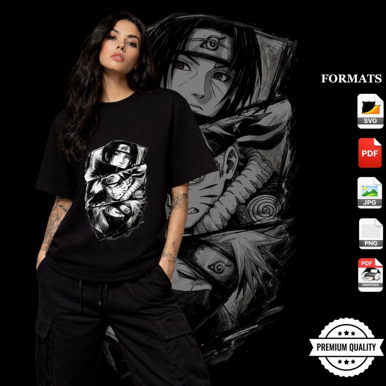 Anime T Shirt Design PNG, Manga Shirt Graphic Black and White Sketch ...